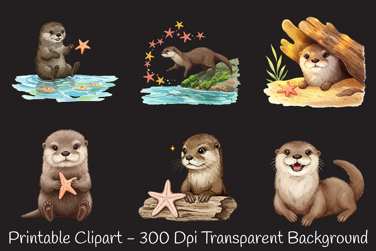Happy Otters & Starfish Beach Clipar, an Illustration by RobertsArt (Photo 2 of 7)