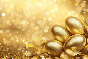 Golden eggs on shimmering surface, a Photo by Beautiful things