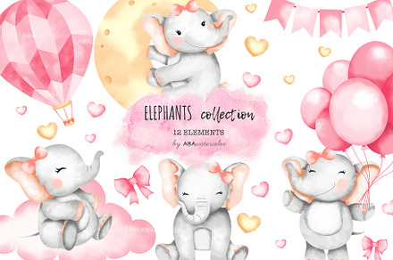 Cute Baby Elephant Clipart, an Illustration by ABAwatercolor