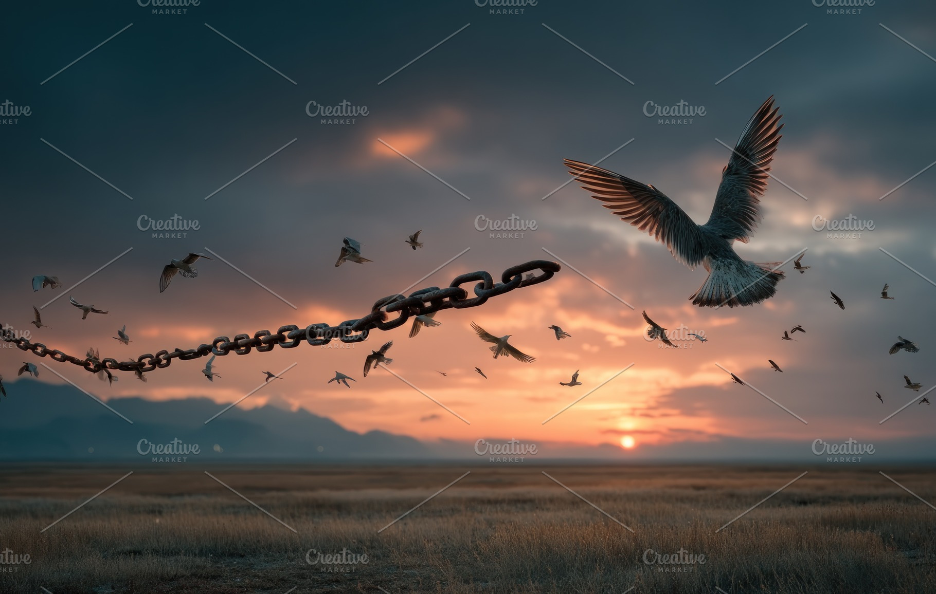 Birds breaking free from a heavy chain and flying into the sky o, a Person Photo by José Manuel Gelpi