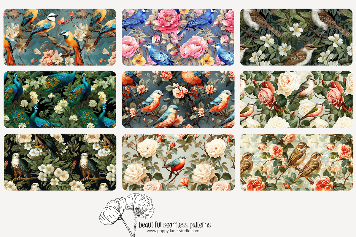 80 vintage birds seamless pattern, a Pattern Graphic by Poppy Lane Studio (Photo 7 of 11)