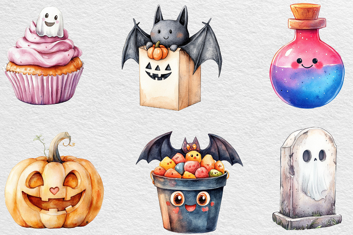 Watercolor Kawaii Halloween Clipart, an Illustration by Black Bird Studio (Photo 4 of 6)