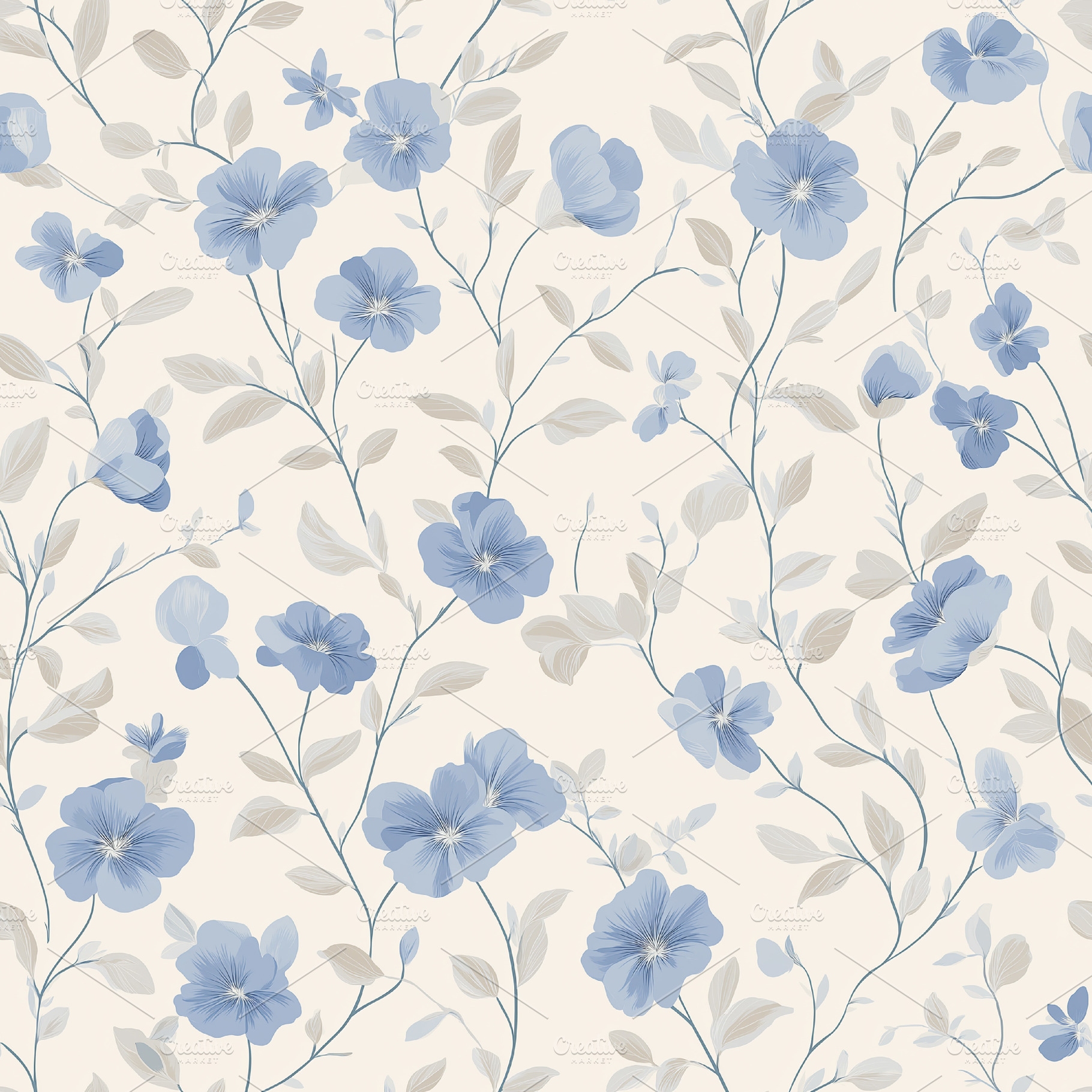 Seamless pattern with delicate blue flowers and intertwining branches, creating, a Photo by Studio ANNA