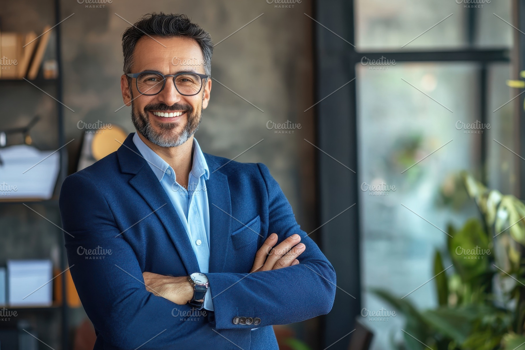 Confident executive in a blue suit, a Photo by Pavel_design