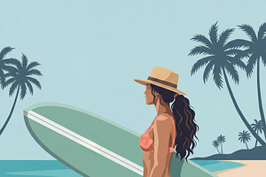 Woman with Surfboard on Beach, a Person Illustration by Virgo Studio