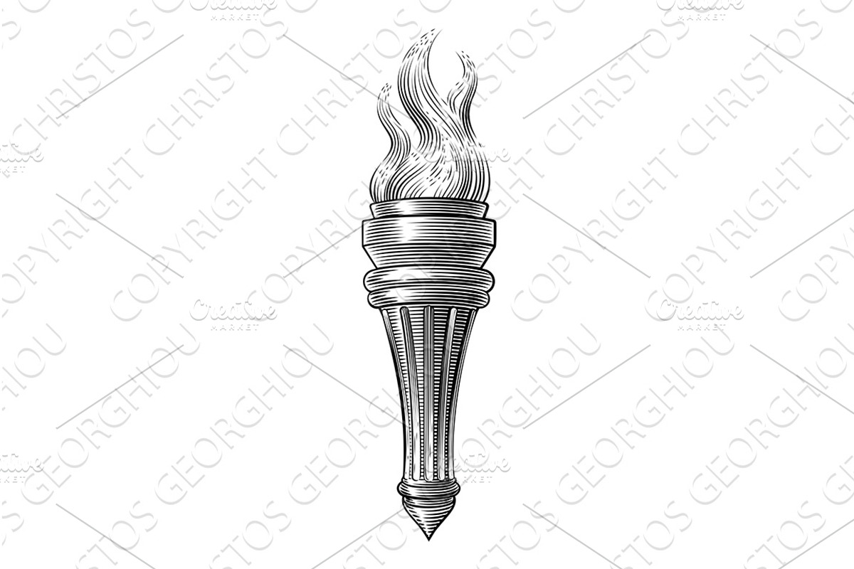 Flaming Burning Fire Torch Woodcut, an Object Illustration by Christos Georghiou