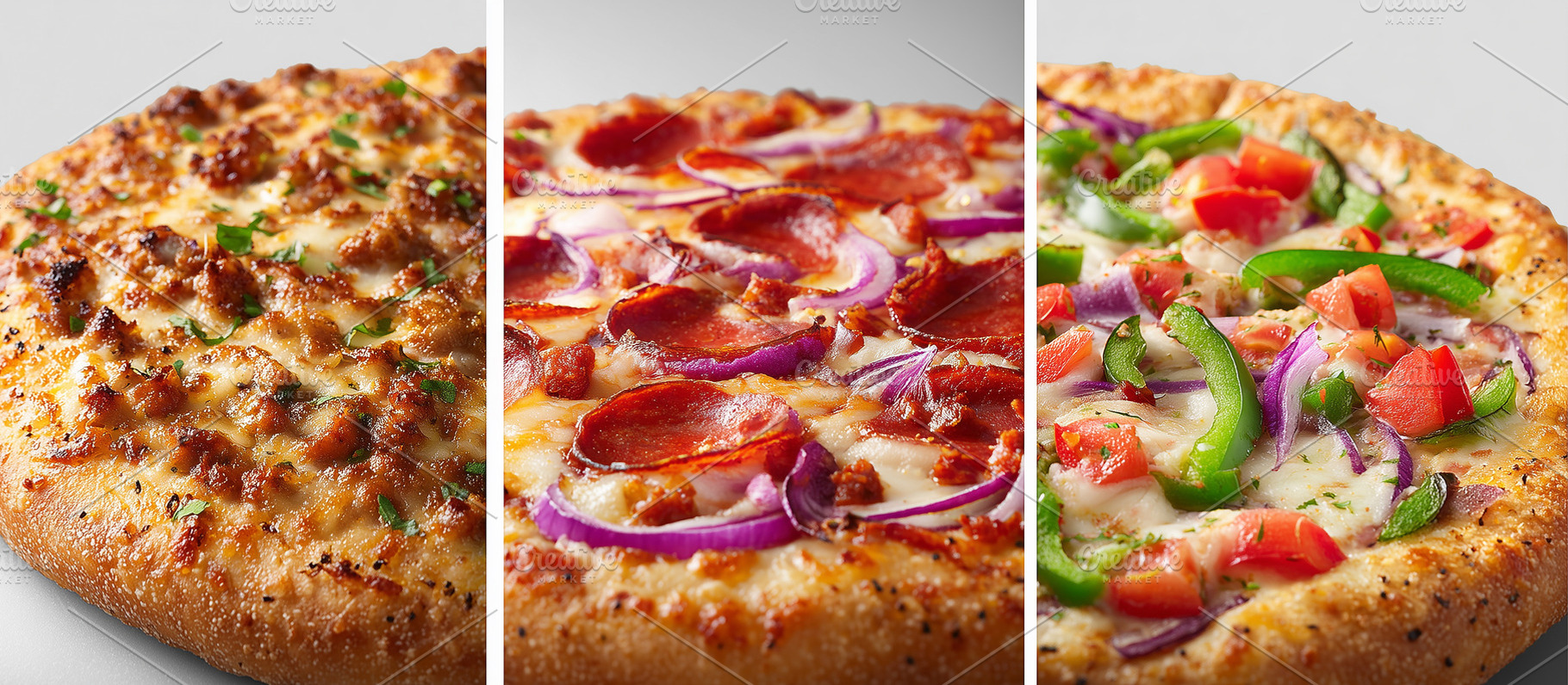Trio of pizzas showcases a cheesy, a Food & Drink Photo by MistyDay