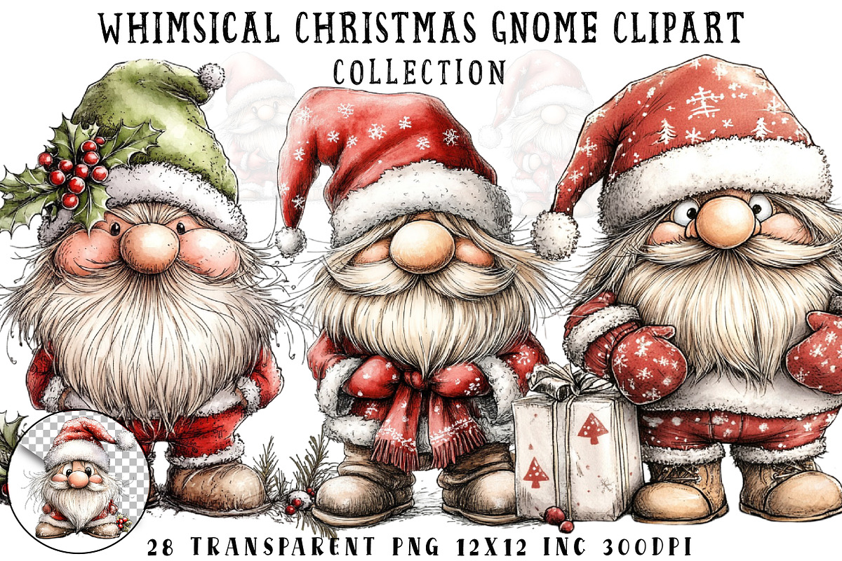 Whimsical Christmas Gnome Clipart, an Illustration by OK Design (Photo 1 of 6)