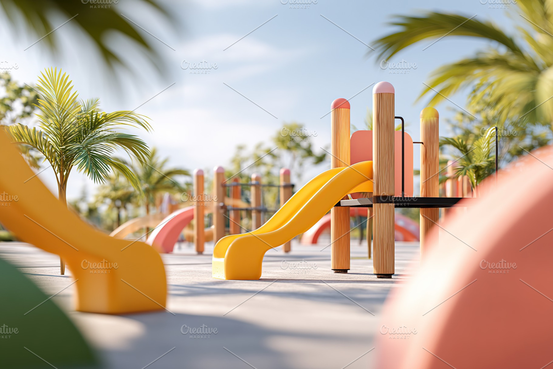 Colorful playground equipment invites children to play in a sunny park environm, a Photo by AlyaAnd