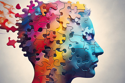 Image of a human head made up of puzzle pieces with vivid colors. Generative AI, a Background Photo by José Manuel Gelpi