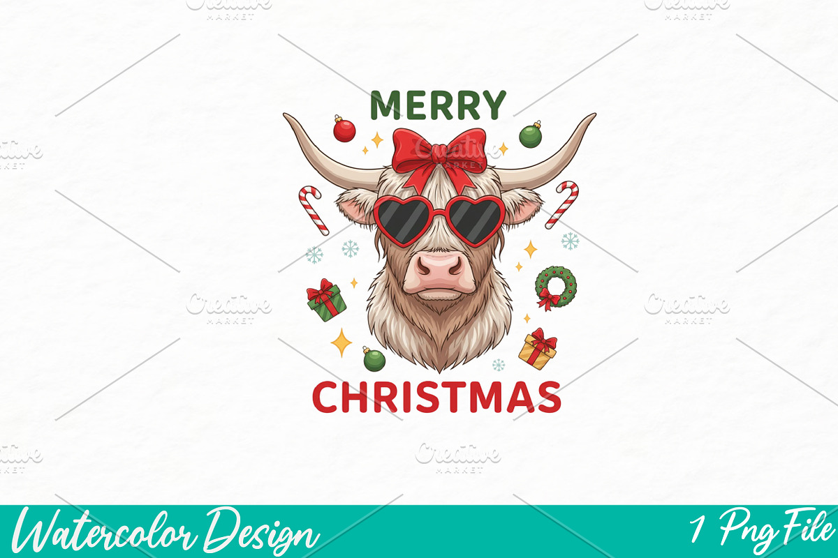 Funny Cow Merry Christmas PNG, an Illustration by Watercolor design (Photo 1 of 3)