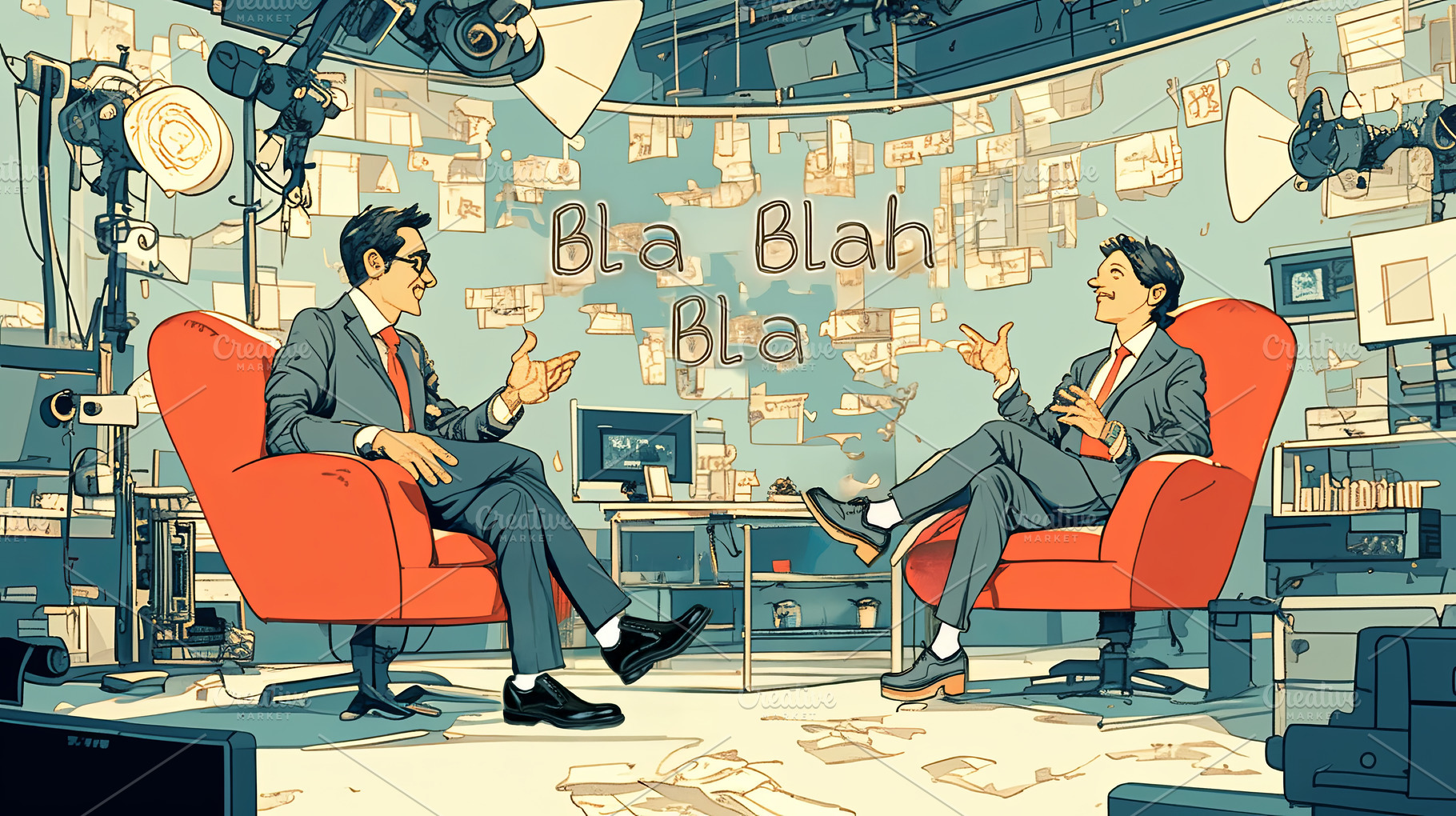 Two hosts debating on a lively television talk show set, a Photo by AS photostudio