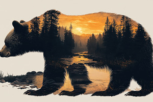 Bear silhouette filled with forest,, an Animal Photo by Pixeness Studio