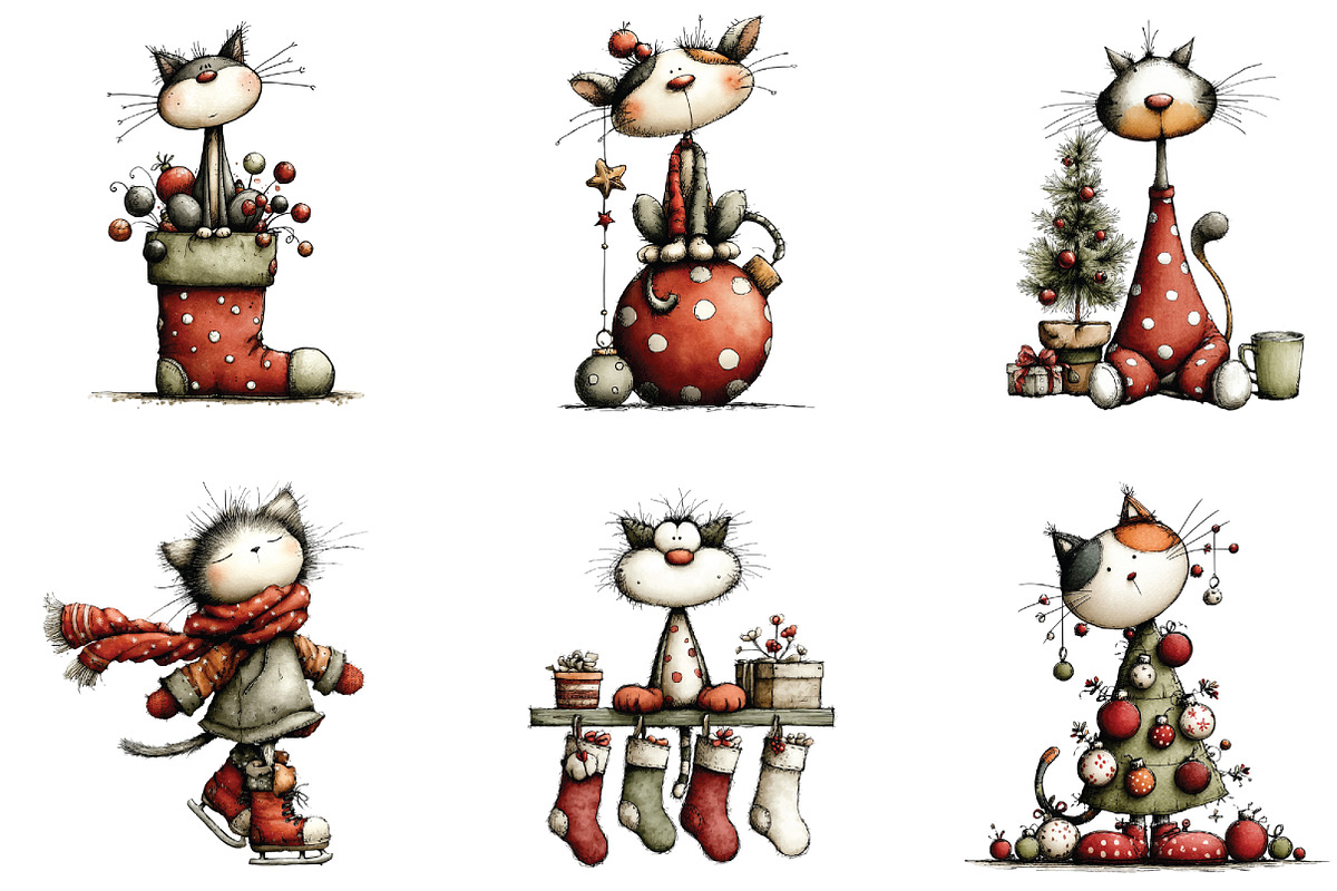 Whimsical Christmas Cats Clipart, an Illustration by CraftArtStudio (Photo 4 of 6)