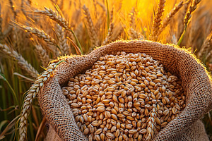 Wheat grains harvested at sunset in a rural field, a Food & Drink Photo by AlyaAnd