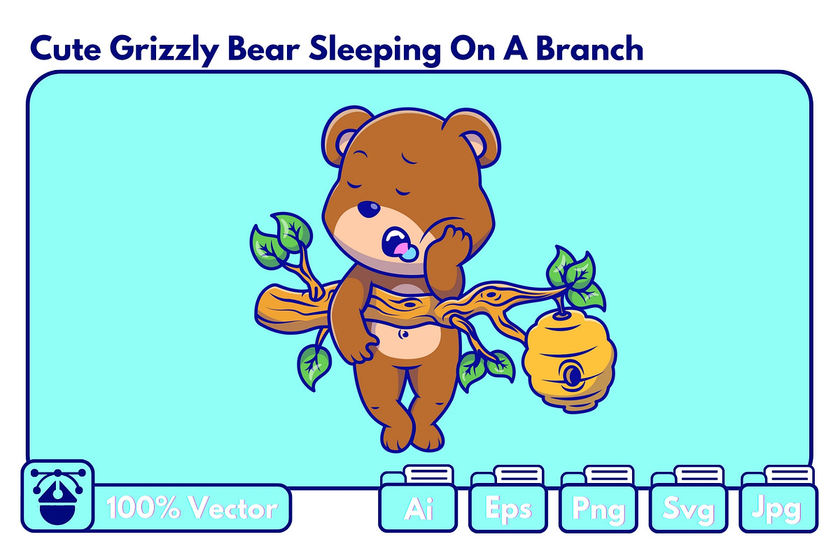 Cute Grizzly Bear Sleeping On Branch, an Animal Illustration by Artstorystudio (Photo 1 of 3)