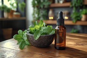 Small bottle of mint essential oil with mint leaves in mortar, a Food & Drink Photo by AlyaAnd