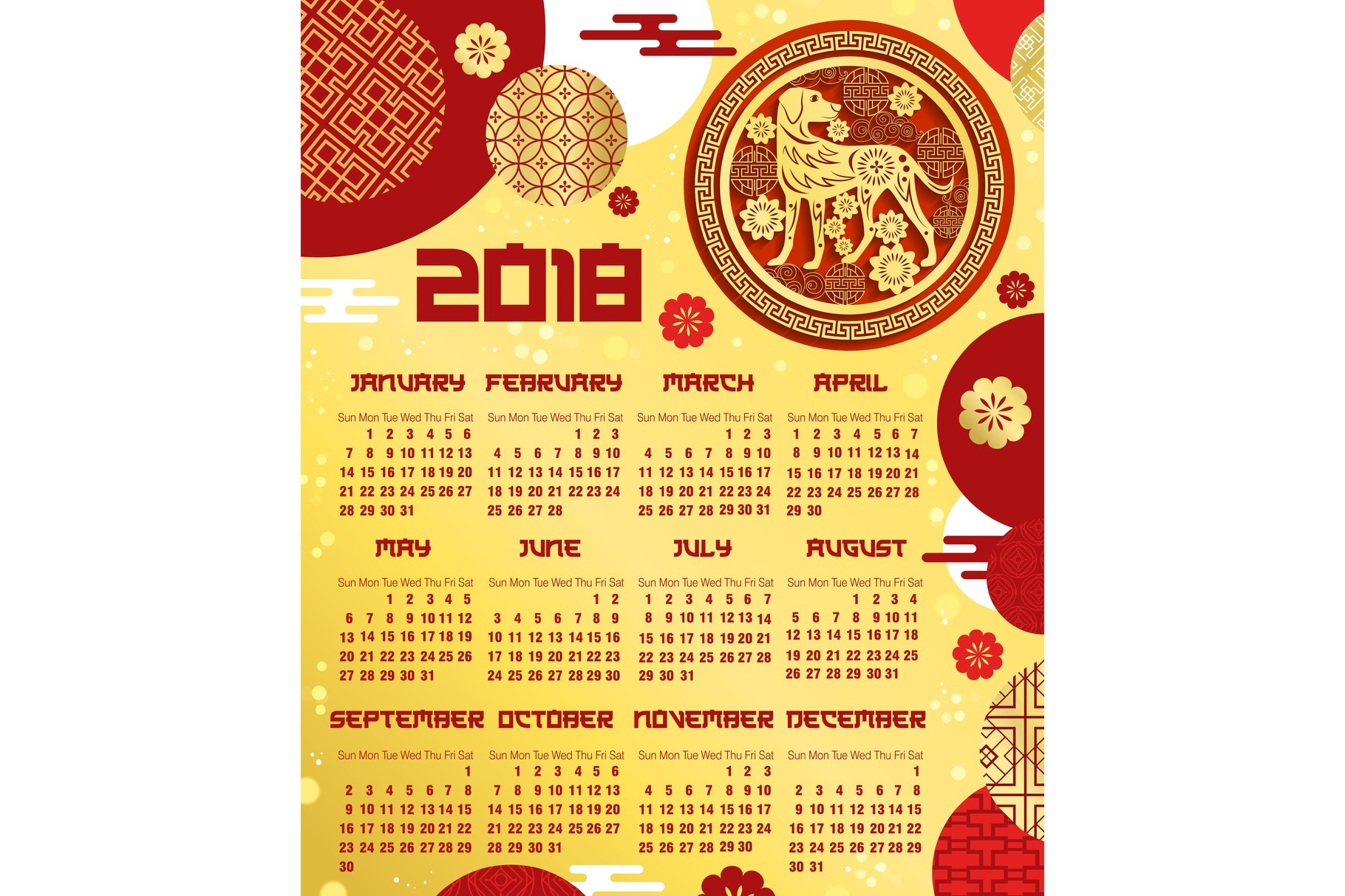 Chinese New Year calendar template with zodiac dog Animal