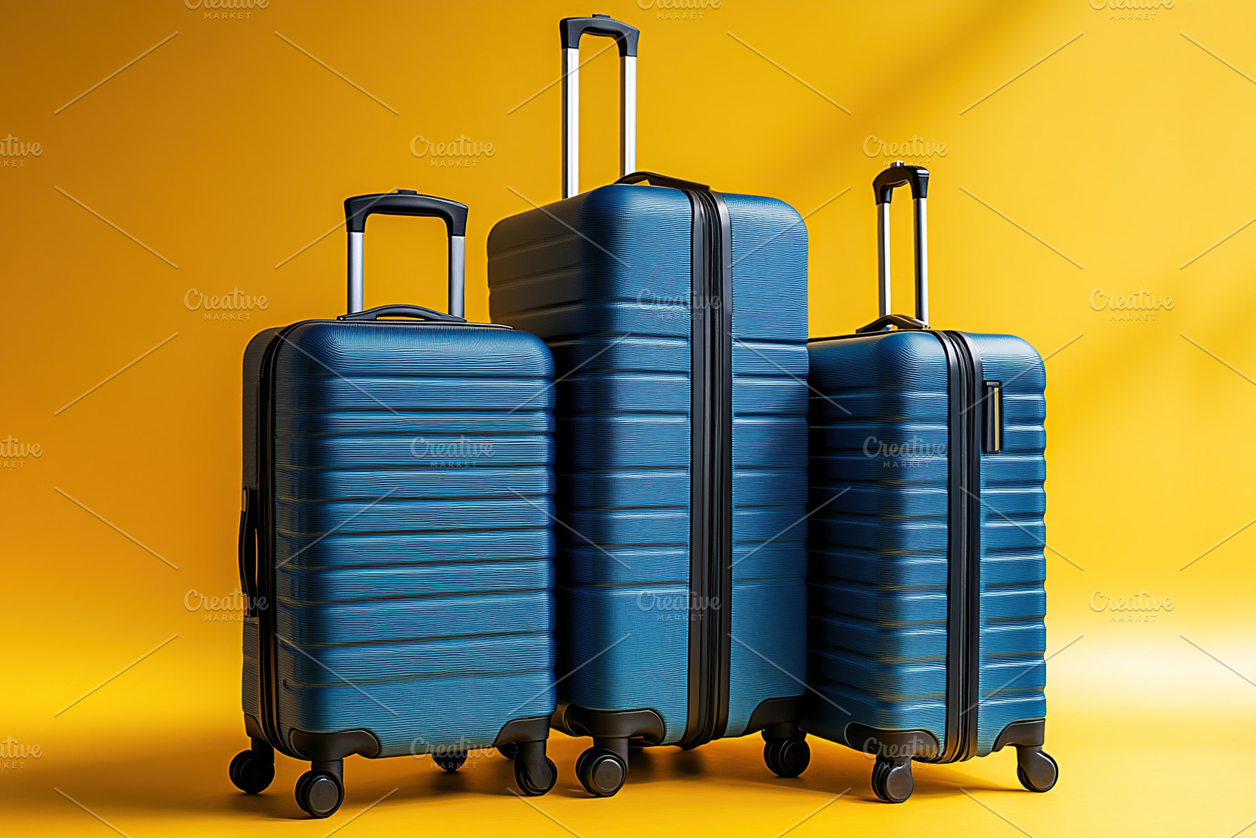 Three stylish blue suitcases displayed against a vibrant yellow, a Photo by AlyaAnd