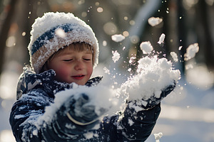 Child playing with snow in a forest, a Photo by Iftikhar Alam