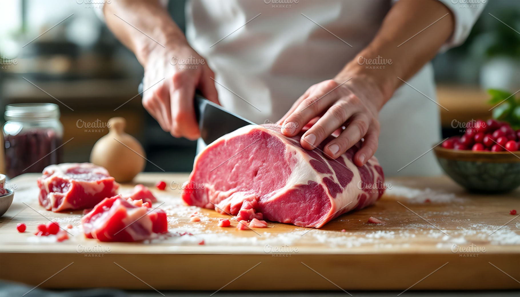 Chef Cutting Fresh Meat on Wooden Bo, a Food & Drink Photo by Stock Shape