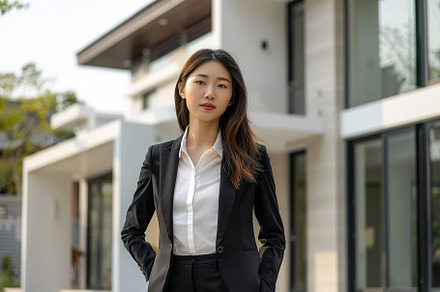 Confident asian woman real estate agent in suit stands behind a house for sale, a Person Photo by AlyaAnd