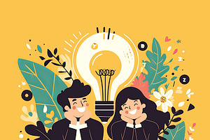 Creative teamwork with a light bulb concept surrounded by vibrant floral elemen, an Illustration by AS photostudio