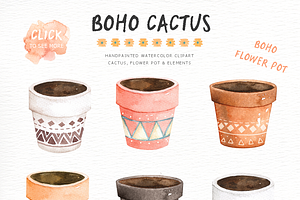 Boho Cactus Watercolor Clip Arts