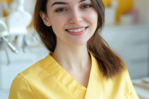 Female dentist in a bright yellow uniform smiling warmly in her dental office, a Health & Medical Photo by AlyaAnd