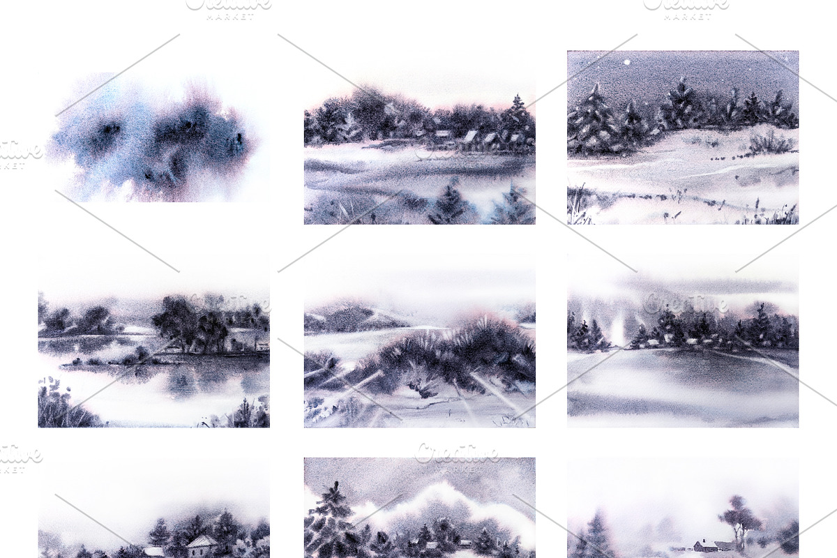 Watercolor Winter Landscapes Set, a Texture Illustration by Nuburu (Photo 3 of 14)