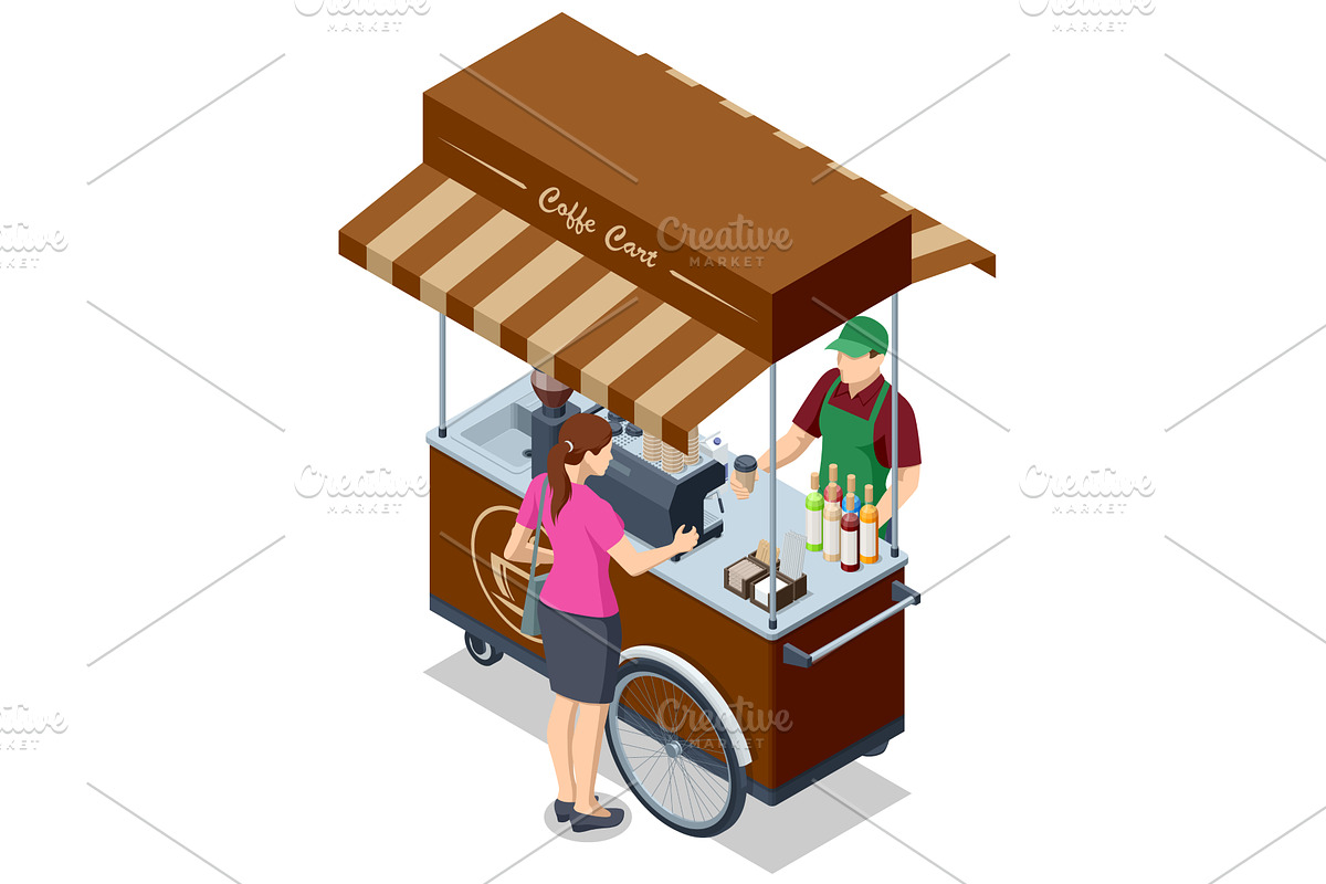 Coffee cart with customer. Isometric, a Food Illustration by Golden Sikorka