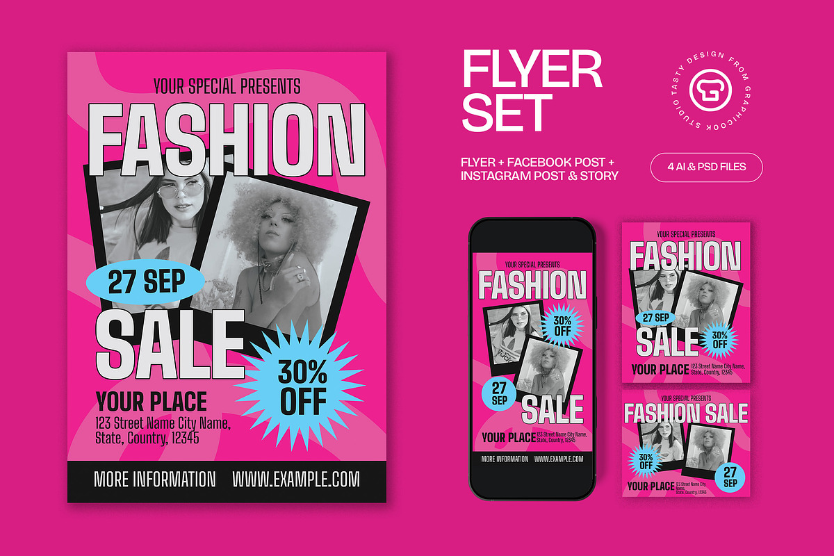 Pink Bold Fashion Sale Flyer Set, a Flyer Template by graphicook (Photo 1 of 3)