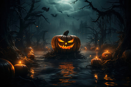 Creepy evil pumpkins lanterns in dar, an Illustration by Lopatin Photo