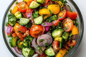 Fresh vibrant salad in glass bowl cu, a Food & Drink Photo by Pixeness Studio