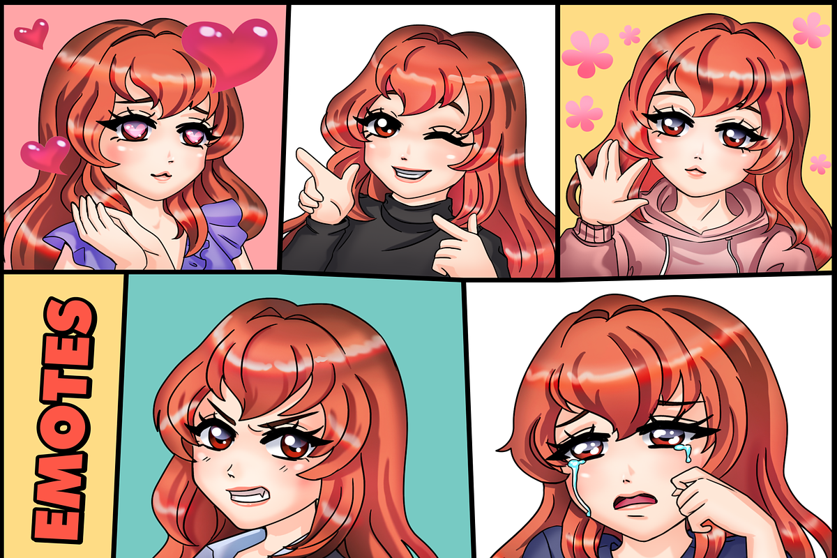 Red Long Hair Chibi Twitch Emotes, an Illustration by Custom Fonts & Patterns (Photo 1 of 9)