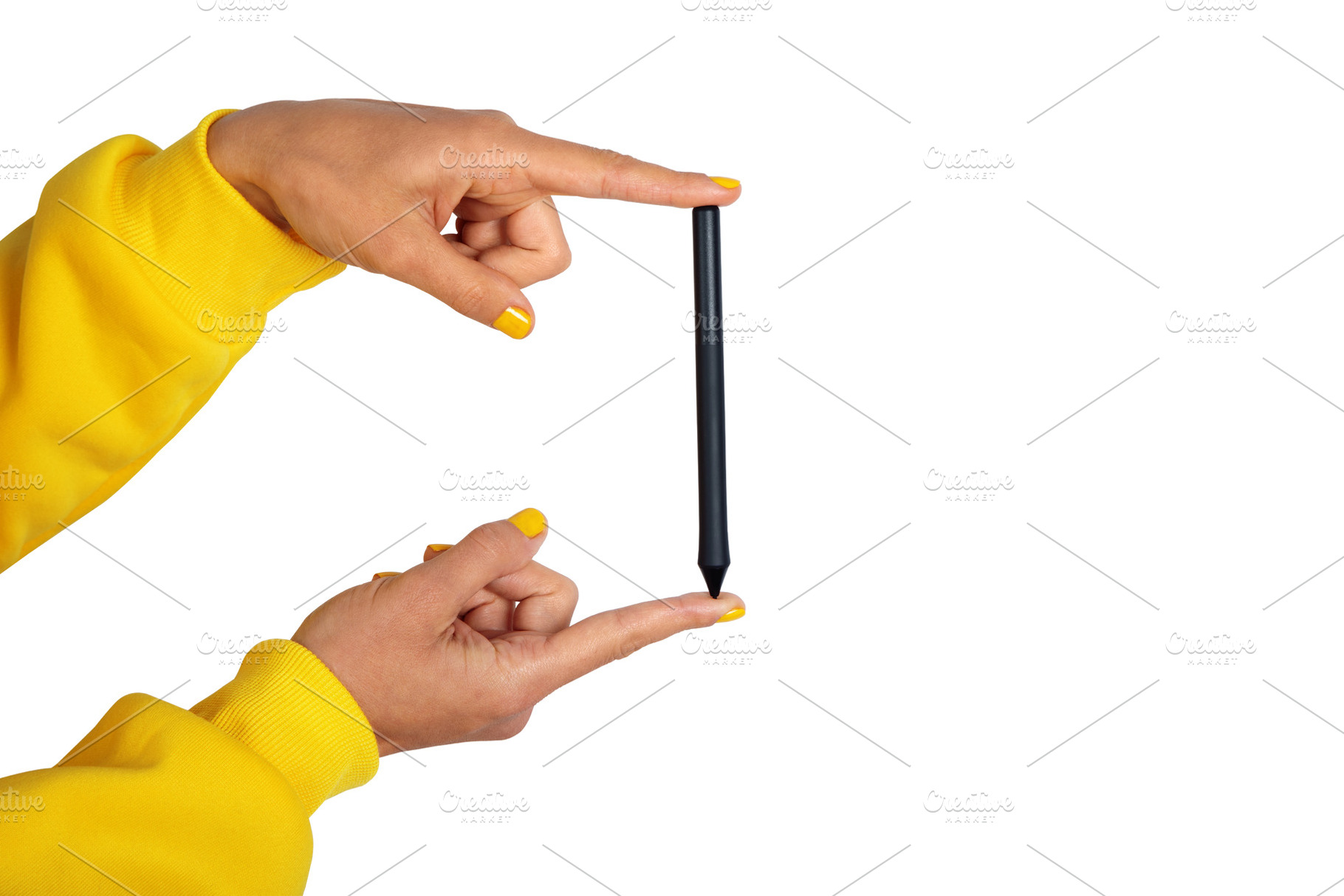 Two hands in yellow sleeves delicately holding a black digital s, a Technology Photo by Ales Munt