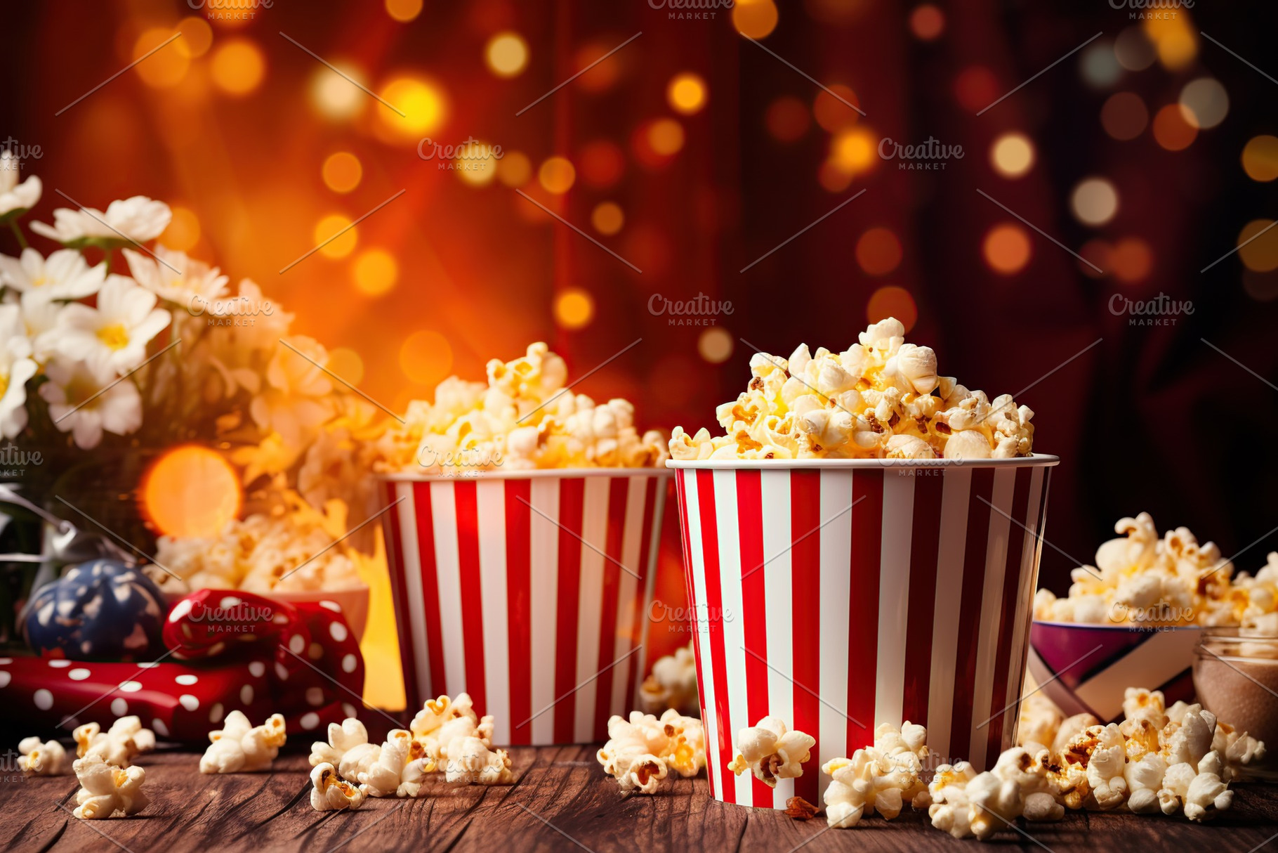 Paper cups with popcorn on blurred background, a Food & Drink Photo by AlyaAnd