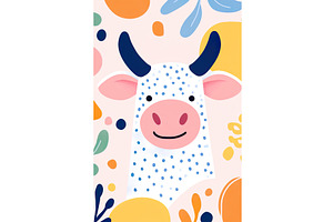 Colorful cartoon cow with abstract, an Illustration by Lermont51