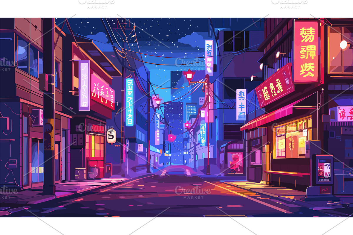 Night Tokyo Street Cartoon Game, an Object Illustration by LadadikArt