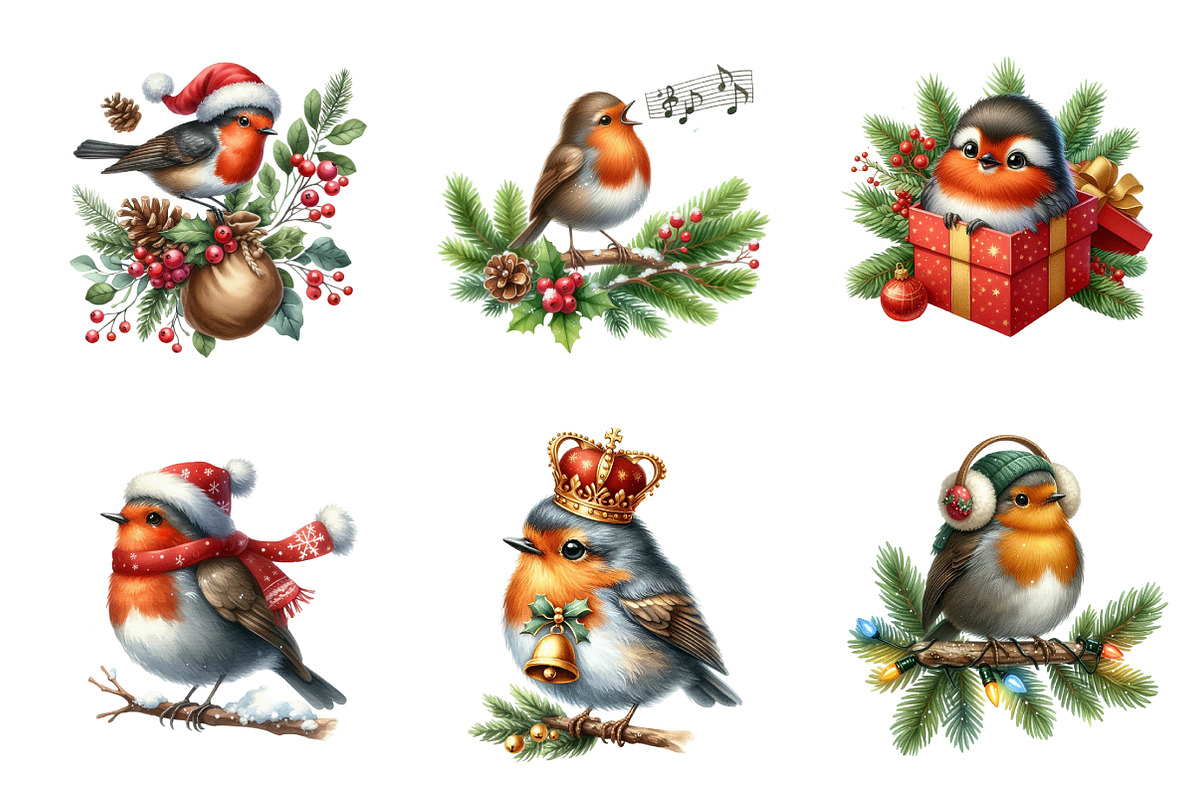 Watercolor Christmas Robin Clipart, an Illustration by SinaCreation (Photo 3 of 7)