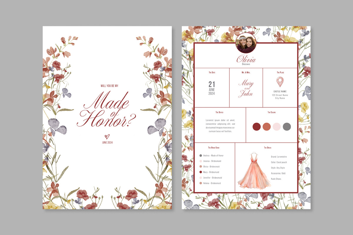 Watercolor Made of Honor Info Card, a Print Template by McLittle Stock (Photo 2 of 2)