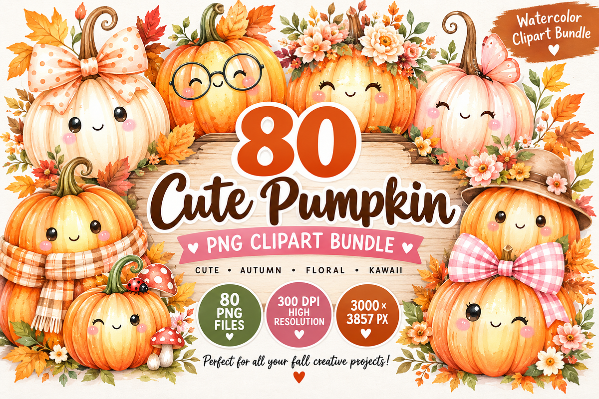 Cute Pumpkin Watercolor Clipart, an Object Illustration by Daffodil Dream Studio (Photo 1 of 3)