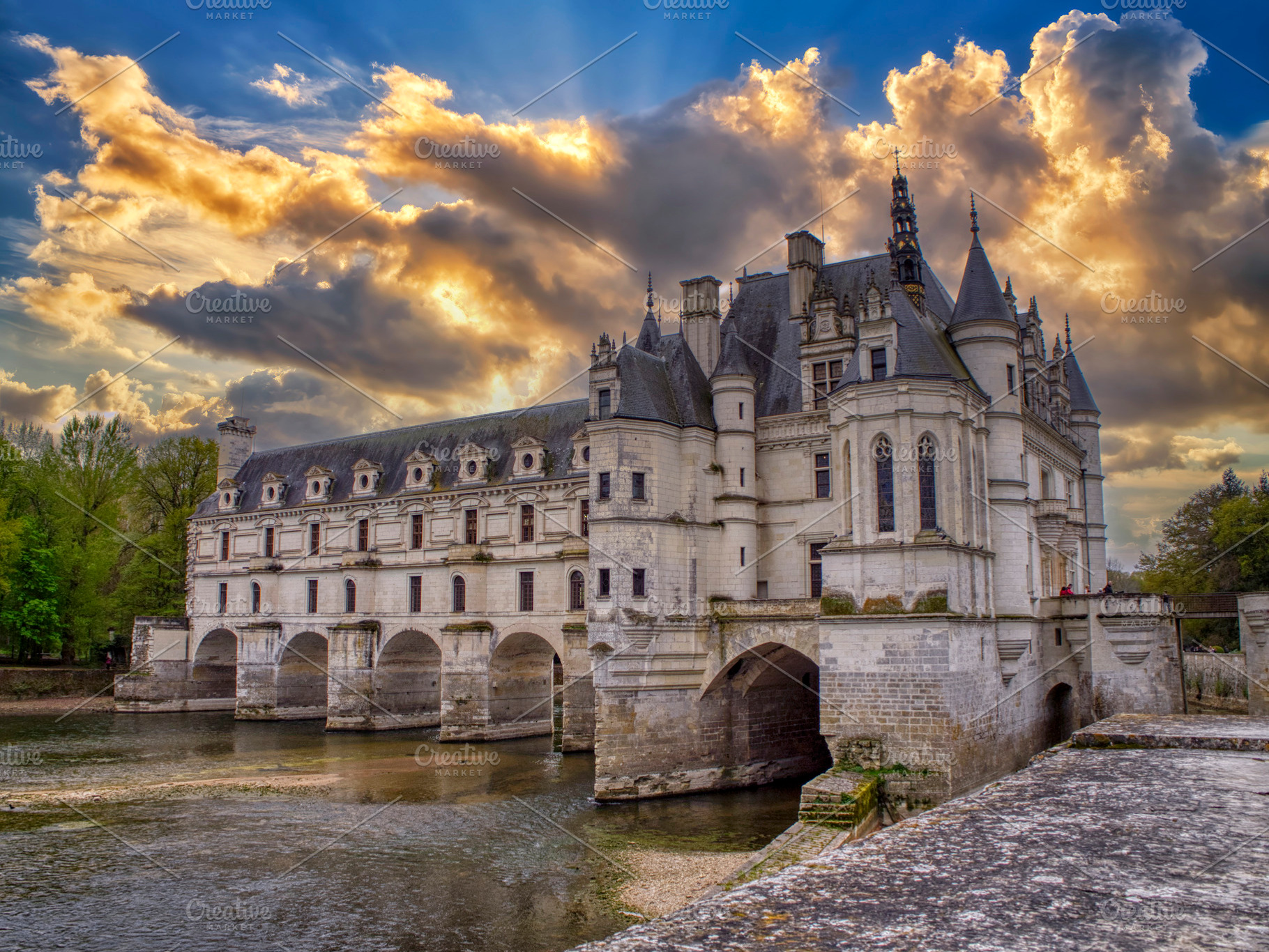 Beautiful Chateau de Chenonceau at dusk over the river Cher, Loire Valley, Fran, an Architecture Photo by CreativePhotoSpain