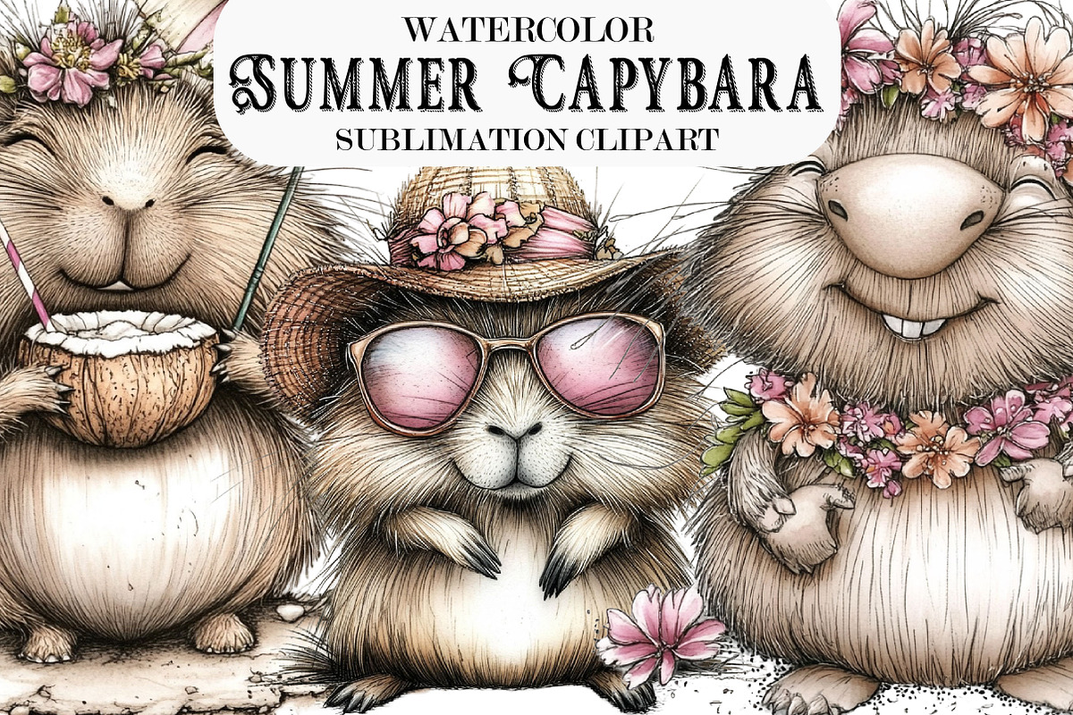 Whimsical Summer Capybara Clipart, an Illustration by Designking (Photo 1 of 5)