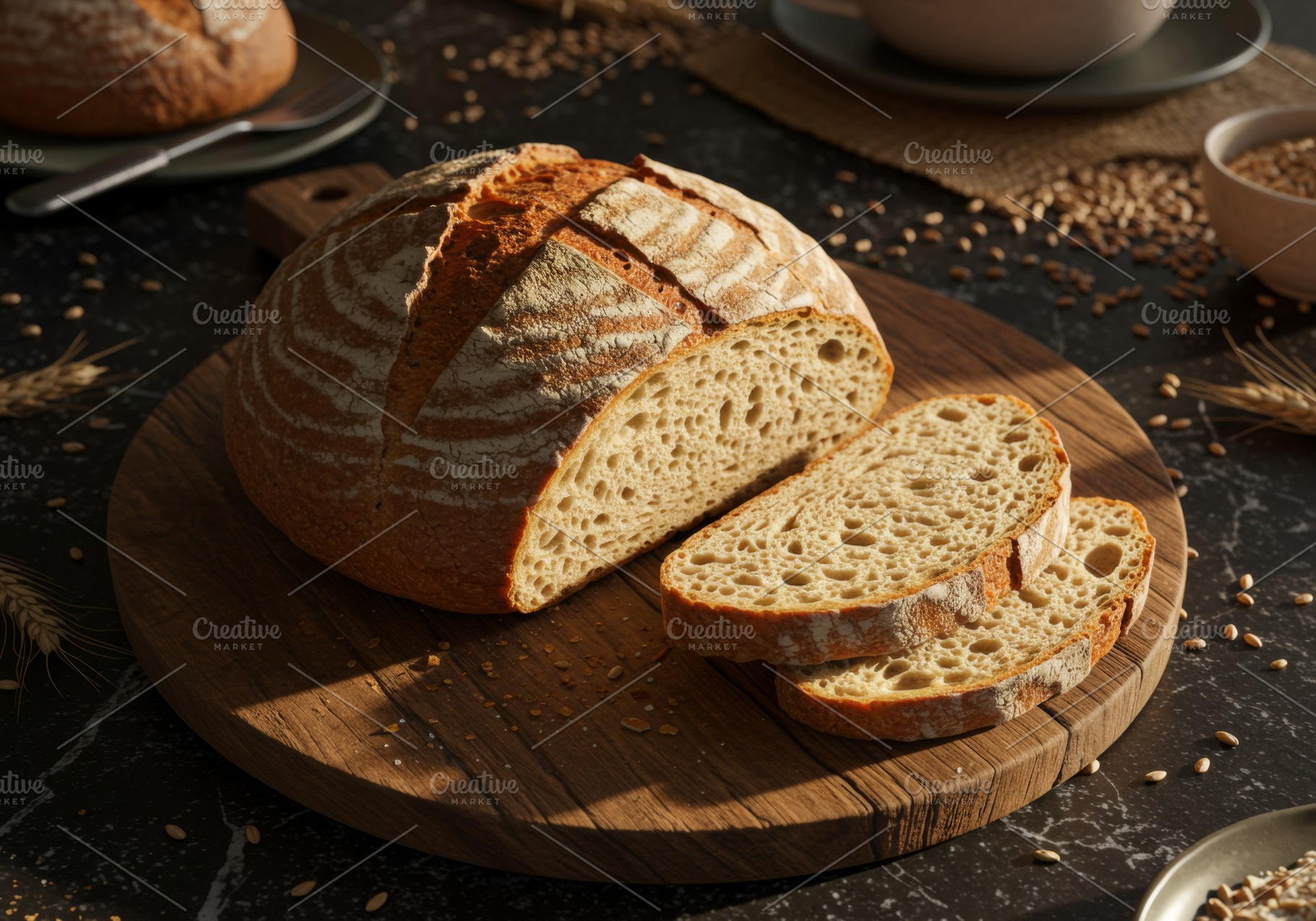 Sliced artisan sourdough bread on a, a Food & Drink Photo by professorinc