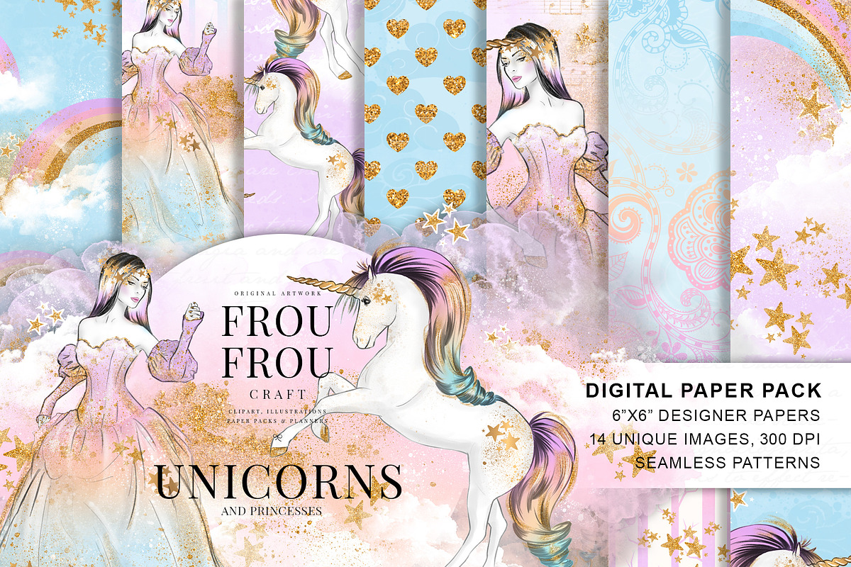 Princess and Unicorns Paper Pack, a Pattern Graphic by Frou Fou Craft (Photo 1 of 4)