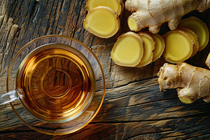 Glass cup of ginger tea with sliced ginger root on wooden table, a Food & Drink Photo by AlyaAnd