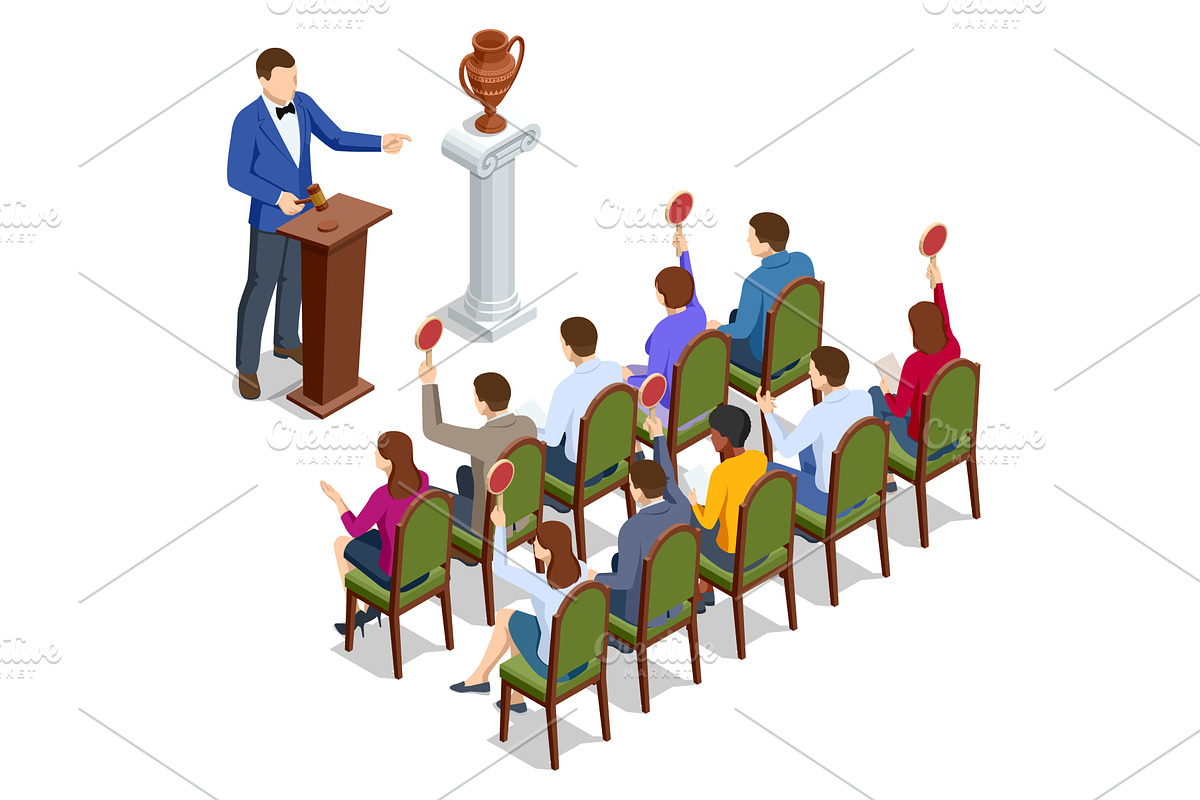 Isometric art auction with, an Object Illustration by Golden Sikorka