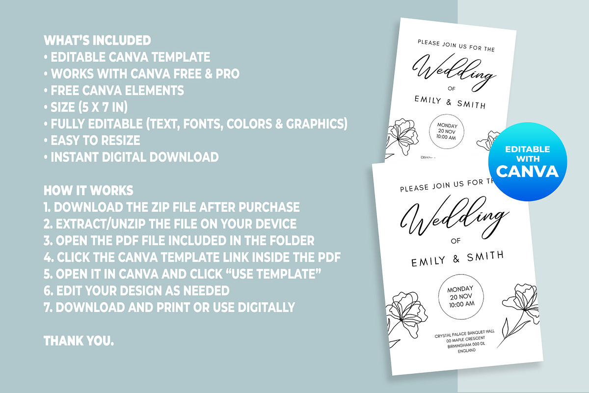 Minimalist Floral Wedding Invitation, an Invitation Template by M9 Design (Photo 5 of 5)