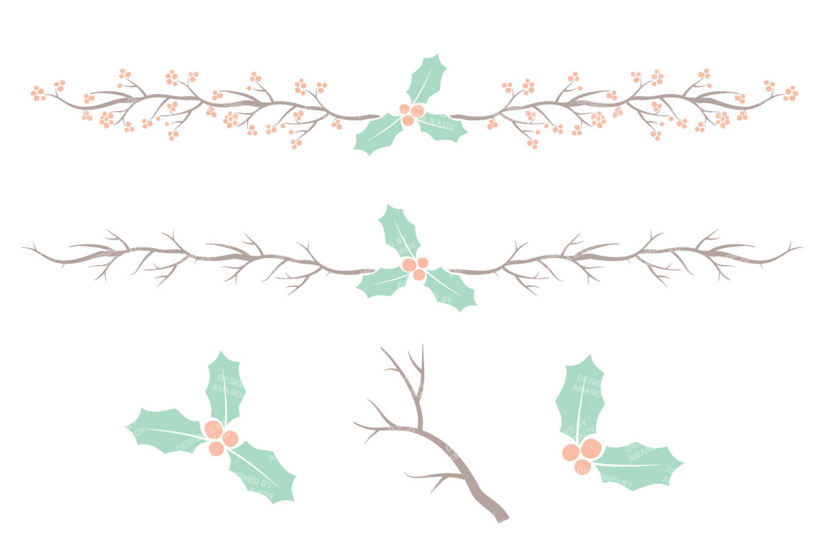 Mint & Peach Holly Clipart & Vectors, an Illustration by Amanda Ilkov (Photo 4 of 5)